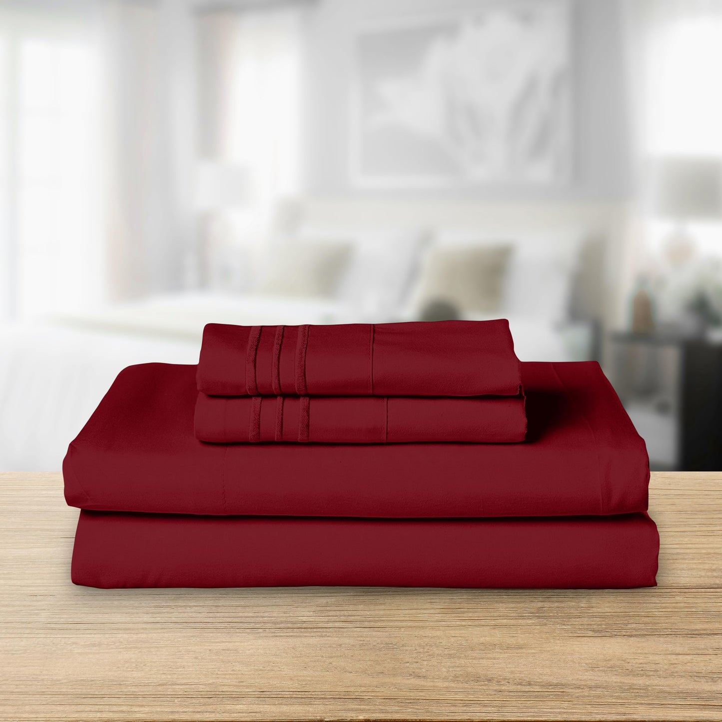 Elegant Comfort Luxurious 1500 Premium Hotel Quality Microfiber Three Line Embroidered Softest 4-Piece Bed Sheet Set, Wrinkle and Fade Resistant, King, Burgundy