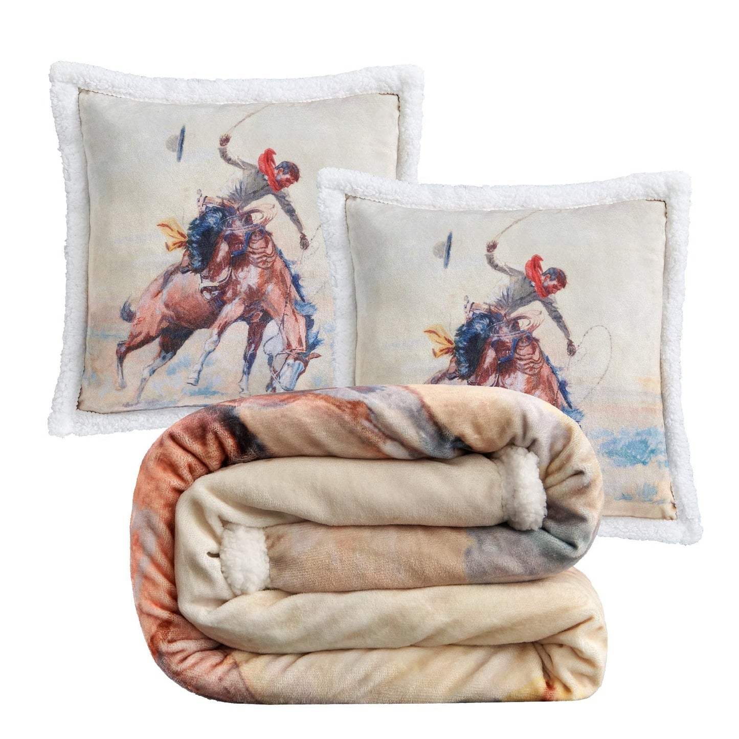Indigo Hill by HiEnd Accents Buster 3 Piece Sherpa Western Throw Blanket Set, Cowboy Horse Print, Cream Blue Fleece Western Blanket with Pillows, Rustic Southwestern Style, 1 Throw and 2 Pillows