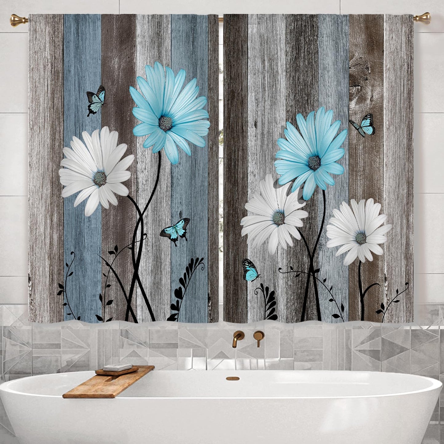 Cizuug Blue Farmhouse Daisy Kitchen Curtains Wooden Flower Small Short Cafe Window Curtains Rustic Floral Butterfly Country Bathroom Drapes Treatment Tier Curtains 2 Panels