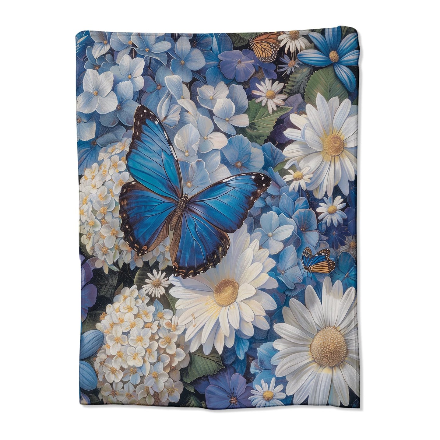 Romantic Butterfly Blanket for Girls Women and Nature Lovers, Flannel Blankets Gifts, Daisy and Blue Hydrangea Floral Throw for Sofa Couch Bed Living Room, Soft Warm Cozy Home Decor 60" x 50"