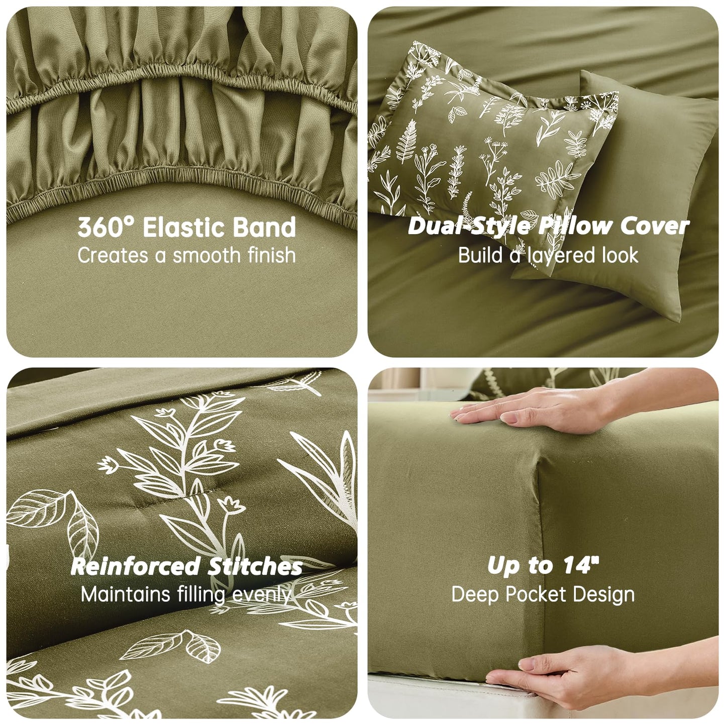 MUXHOMO Olive Green King Comforter Set, Elegant Floral Print Bed in a Bag 7 Pieces, Ultra Soft & Breathable Reversible Botanical Pattern Bedding Set with Comforter, Sheets, Pillowcases, and Shams