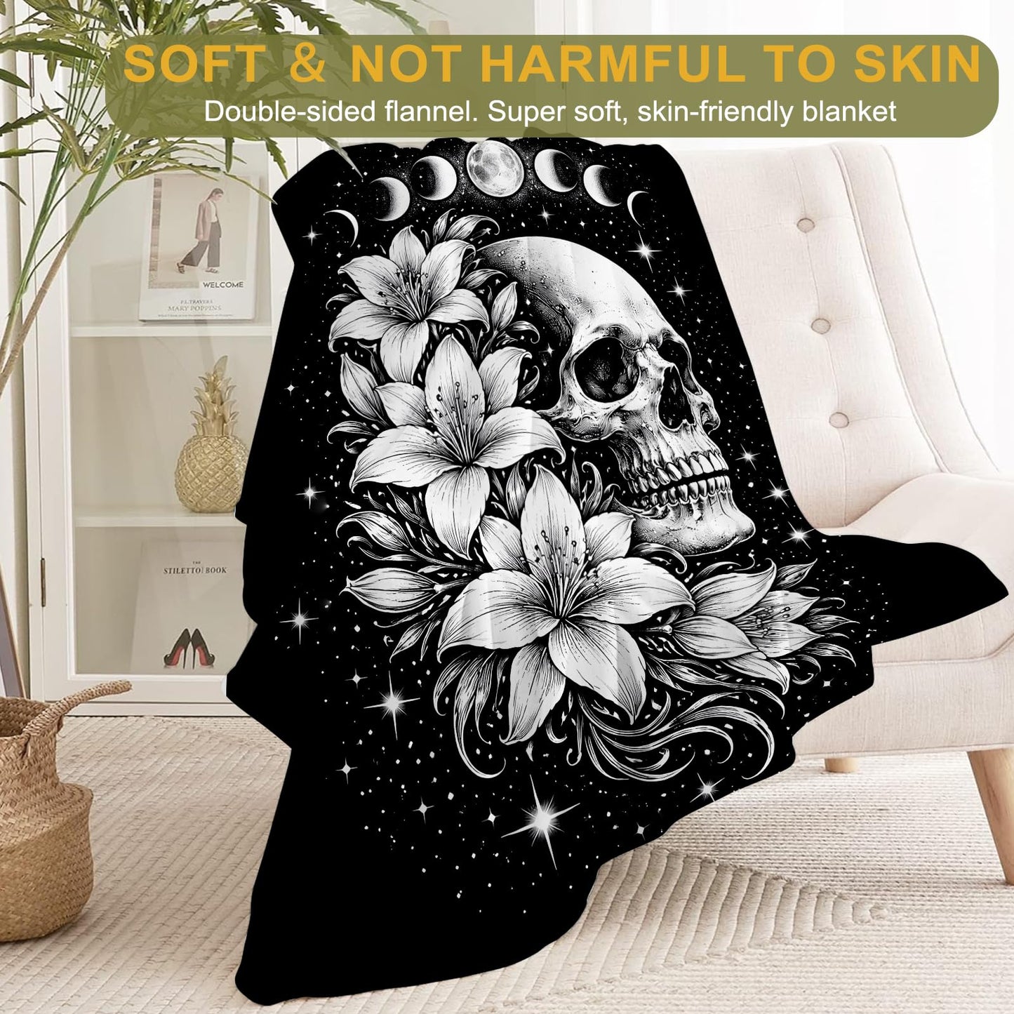 ainori Whimsical Skull Moon Phase Fleece Throw Blanket 50x60 Inch,Gothic Skeleton Floral Decorative Throws,Lightweight Blankets for Bedroom Dorm Meditation Room,Cozy Gifts for Teens Women Goth Lovers