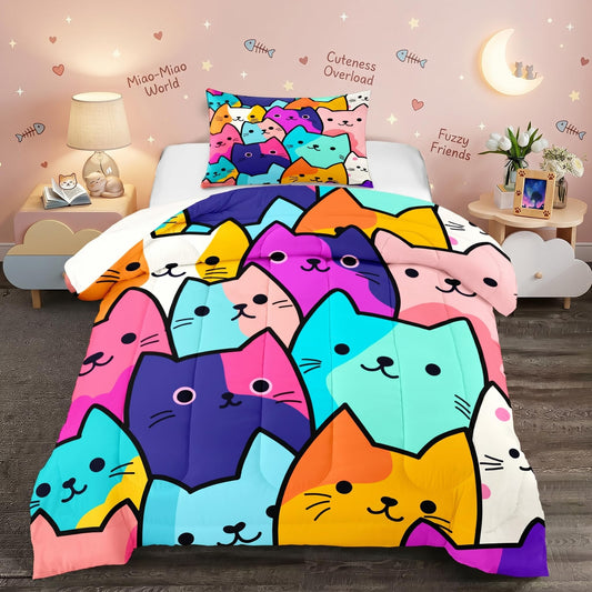 Cat Comforter Set Twin - Twin Size Comforters Set for Girls Cat Kids Bedding Colorful Cartoon Theme Bedding Sets, 1 Comforter+1 Pillowcase