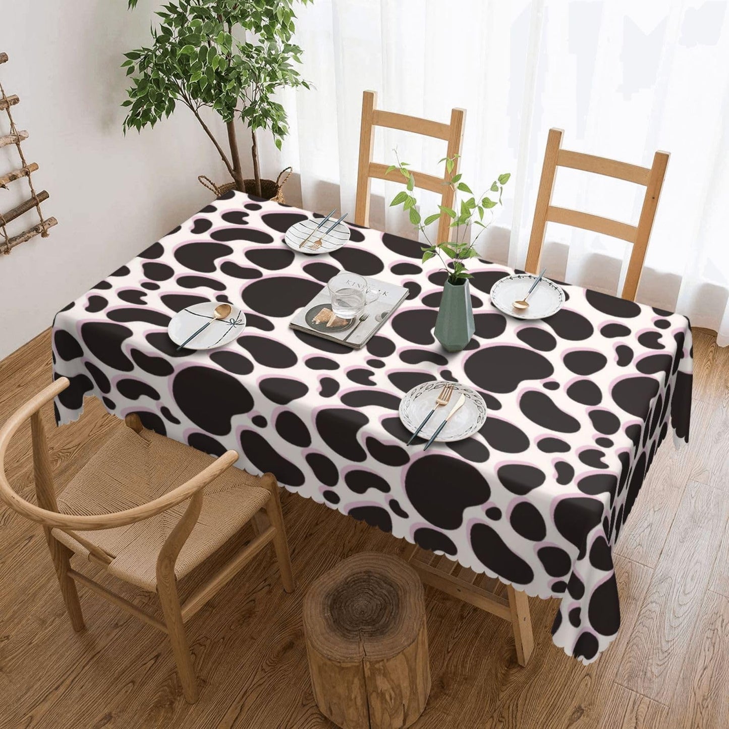 DRAVVIX Animal Skin Texture Rectangular Tablecloth Black Cow Print Table Cloth with Wavy Lace Decoration Polyester Table Cover for Dining, Parties 54x72 inch