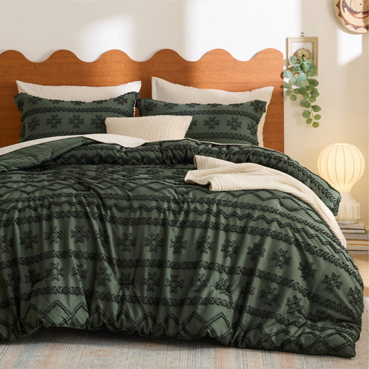 Bedsure Tufted Boho Comforter Set Queen Size - Olive Green Boho Bed Set, GentleSoft™ 3 Pieces Farmhouse-Style, Home Decor Bedding, Gifts for Woman, Soft Jacquard Queen Comforter for All Seasons