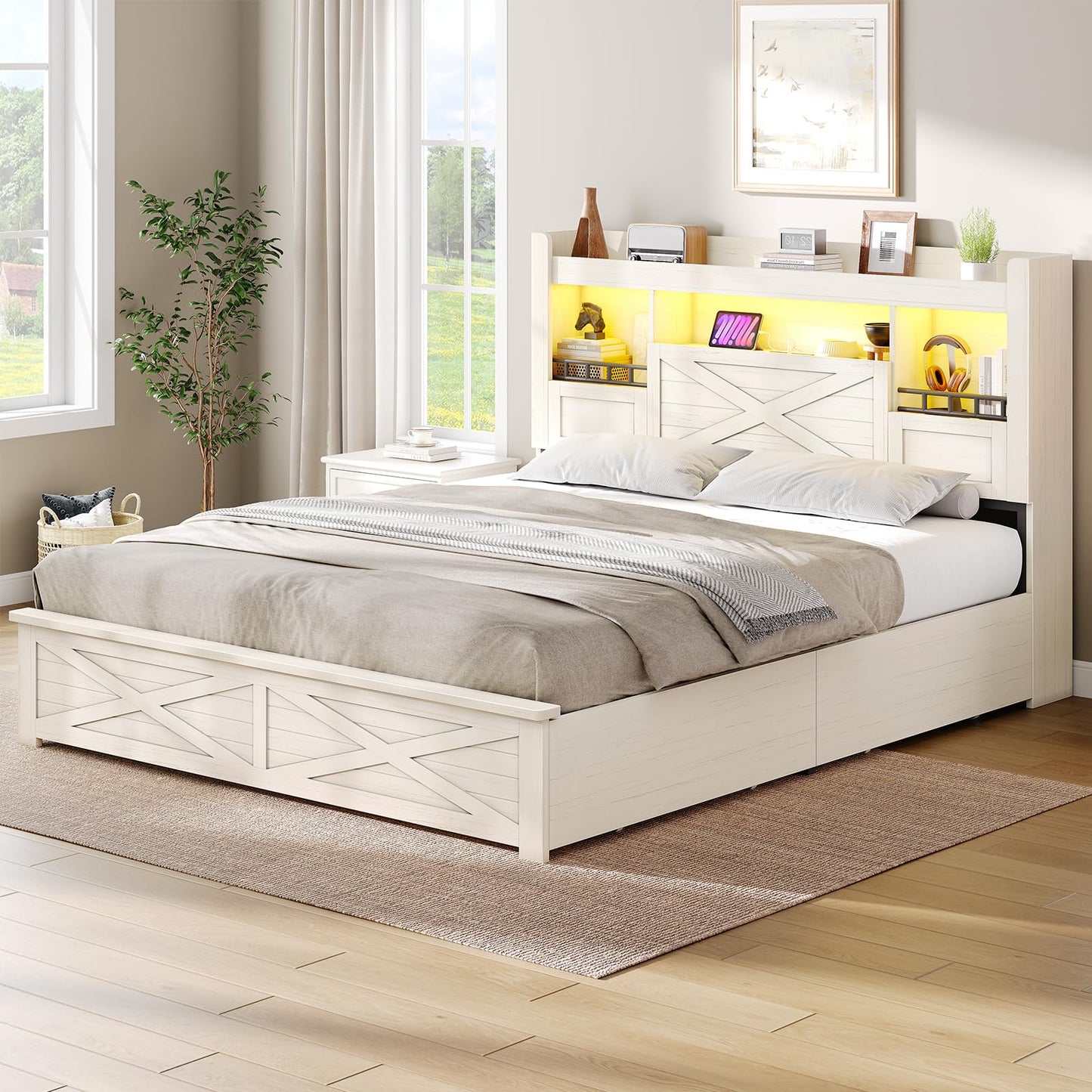 VIAGDO Farmhouse Full Size Bed Frame with Flip-Down Bookcase Storage Headboard and 4 Drawers, Rustic Wood Platform Bed Frame Full Size with Charging Station and LED Lights, No Box Spring Needed, White
