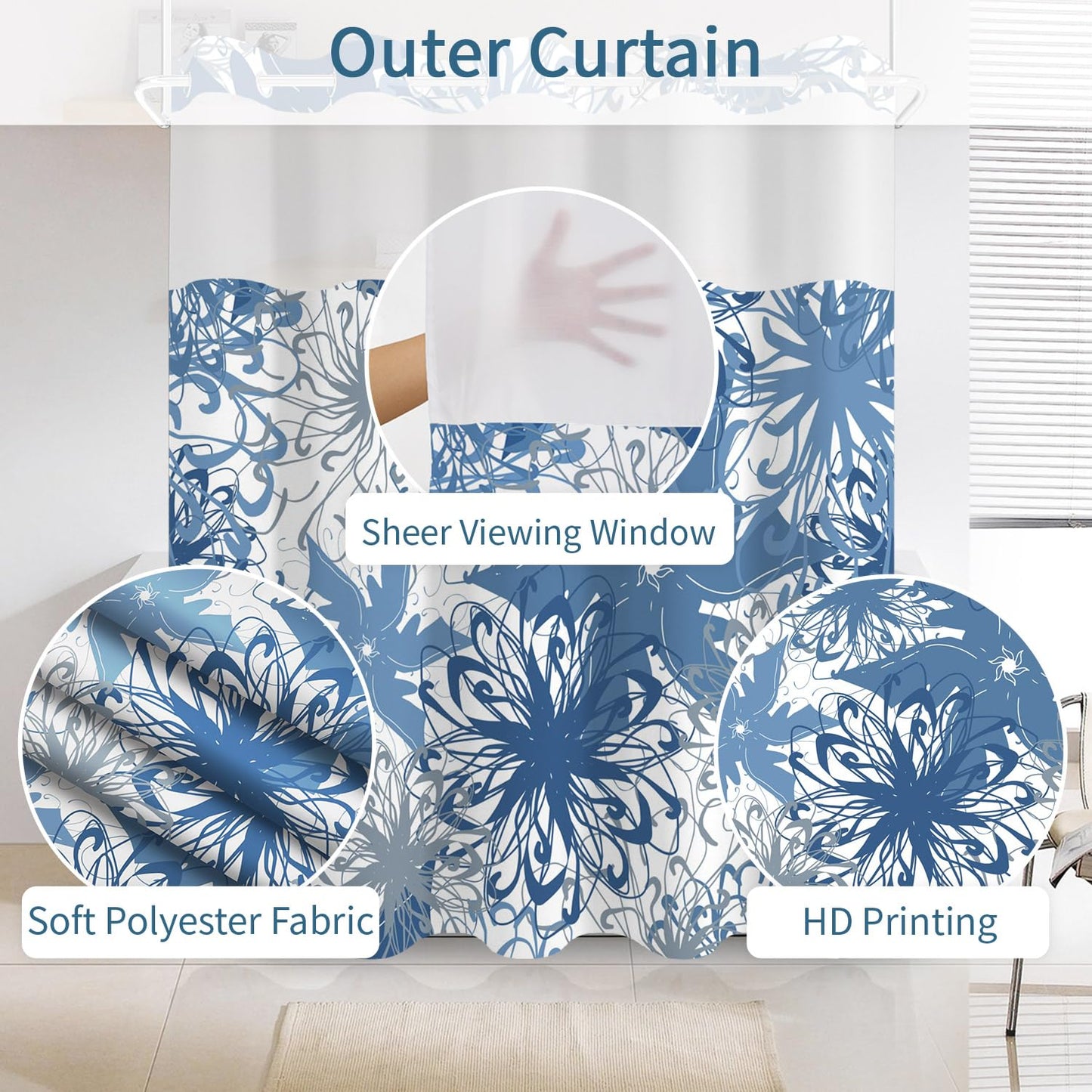 No Hook Shower Curtain with Snap in Liner Set, Boho Modern Blue Abstract Floral Pattern Decorative Waterproof Fabric Shower Curtain for College Dorm Hotel Apartment Bathroom Bathtub, 71x74 Inch