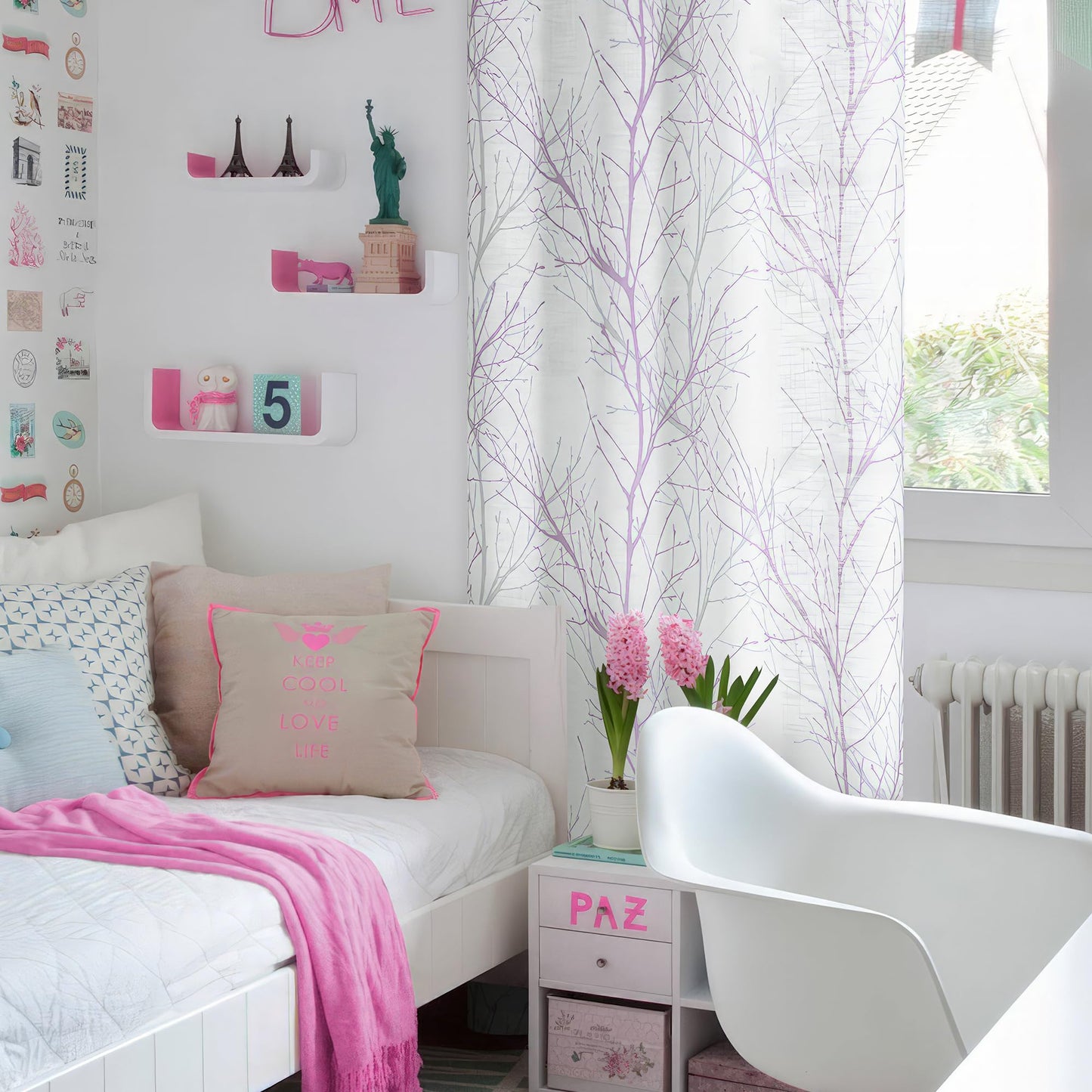 FMFUNCTEX Linen Semi Sheer Curtains for Bedroom, Lilac White Curtains 84 Inches Long for Living Room, Grey Tree Branch Patterned Curtain Light Filtering Farmhouse Window Drapes, Grommet Top 2 Panels
