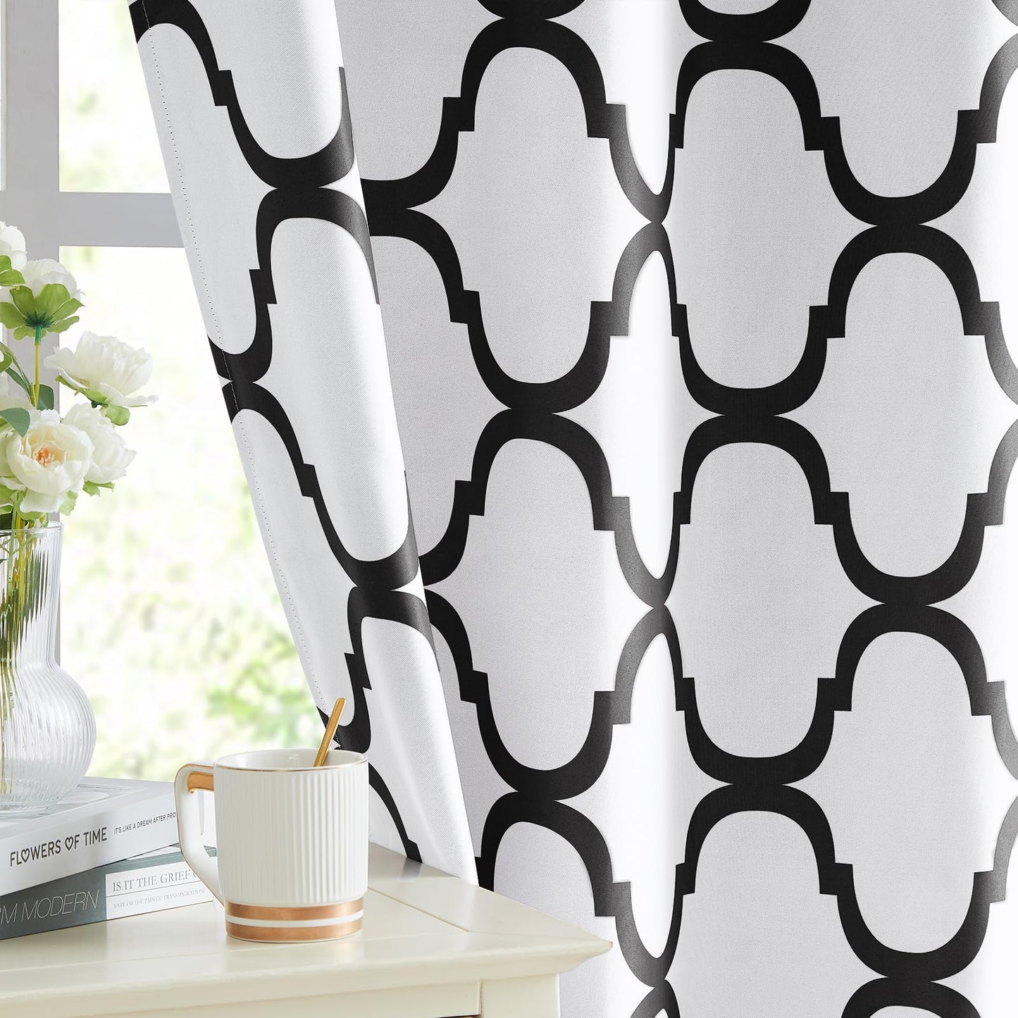 Melodieux Moroccan Printed Room Darkening Blackout Grommet Curtains for Bedroom Small Windows, 42 by 45 Inch, Off White/Black (2 Panels)