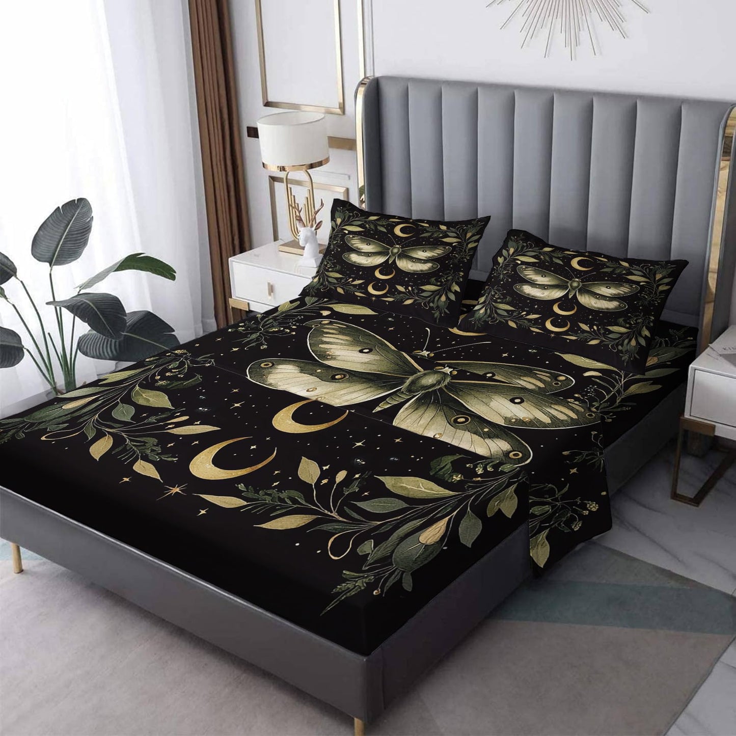 MPNVYU Moth Sheets Queen Sheet Set, Moon Phase Bed Sheets, Gothic Bedding Bedroom Decor, Soft Microfiber Deep Pocket Fitted Sheet & Flat Sheet & 2 Pillowcases