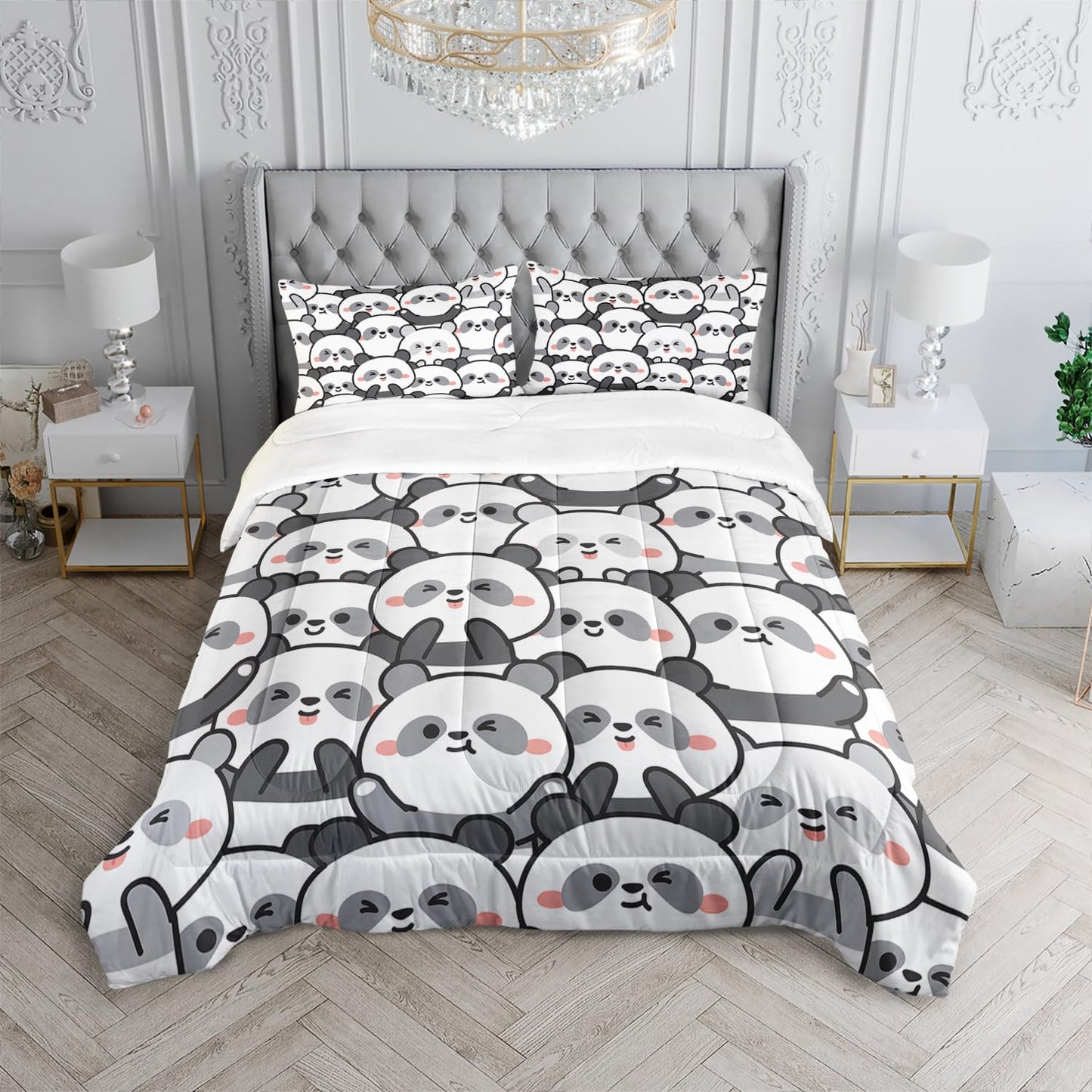 XYNHML Kawaii Cartoon Black White Panda Bedding Animal Themed Comforter 3Pcs Full Bear Pattern Bedding Set for Kids Teens Girls Boys Bed Decor Emoticon Panda Quilt with 1 Comforter and 2 Pillowcases