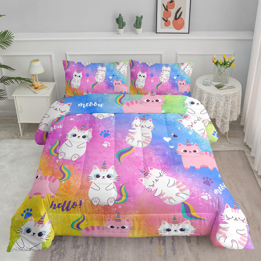 Axolotl Cat Bedding Twin Cartoon Cat Comforter Set, Rainbow Printed Kids Bedding Set for Girls, Adults, Teens, Kids Comforter Set All Season, 1 Quilt 2 Pillow Cases, Colorful Pink Blue