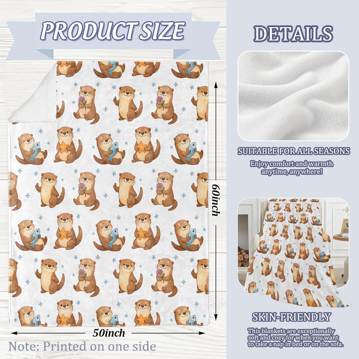 Cute Otter Blanket, 60 x 50 Inch Flannel Playful Otters Adorable Animal Throw Blanket, Gifts for Women Girls Boys Adults Kids, Lightweight Cozy Warm Blankets for Sofa Travel Home Decor