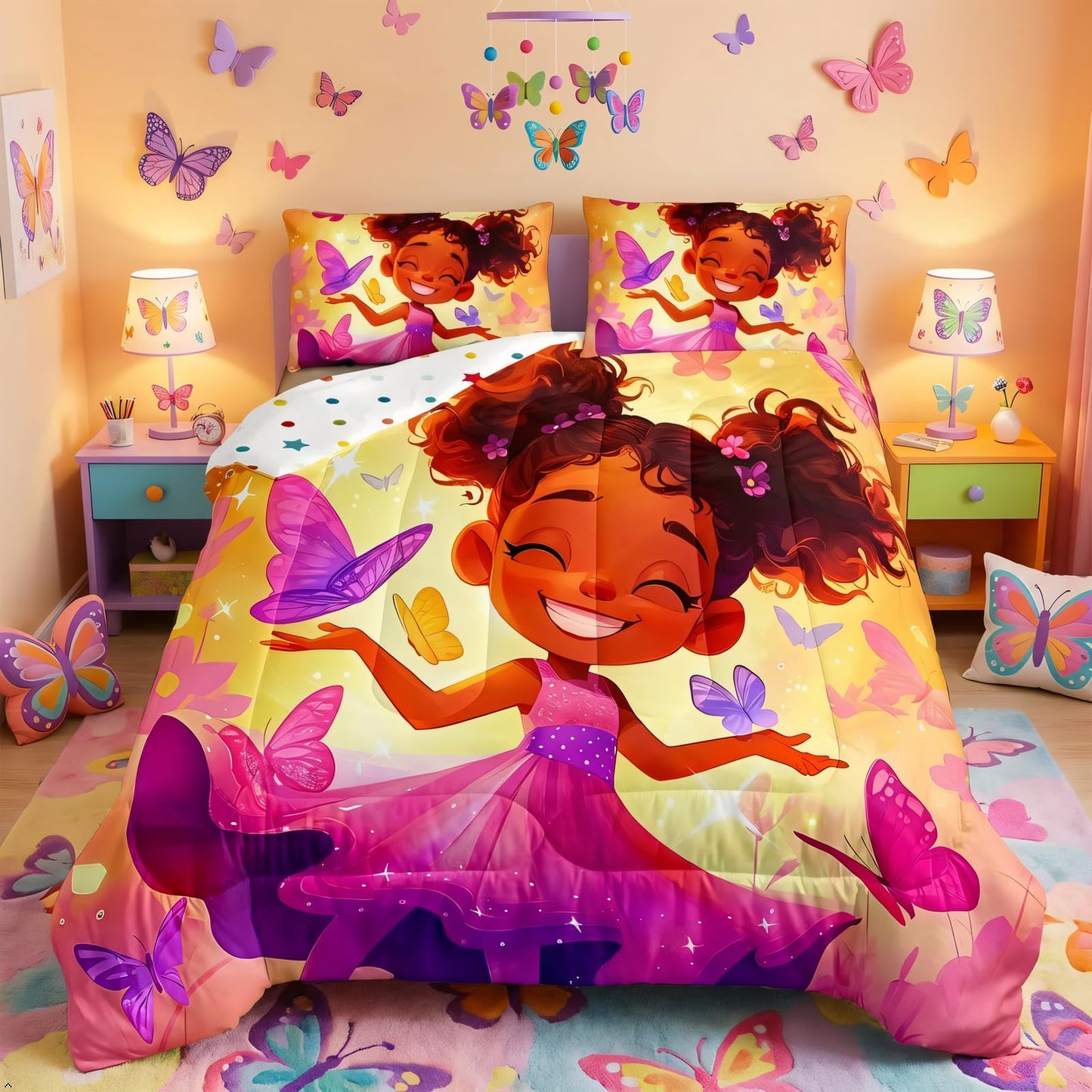 Erosebridal Black Girls Bedding Set Afro Girl Twin Comforter Set for Girls,American African Princess Magical Quilt for Toddler Kids Teenager,Dreamy Butterfly Kawaii Room Decor