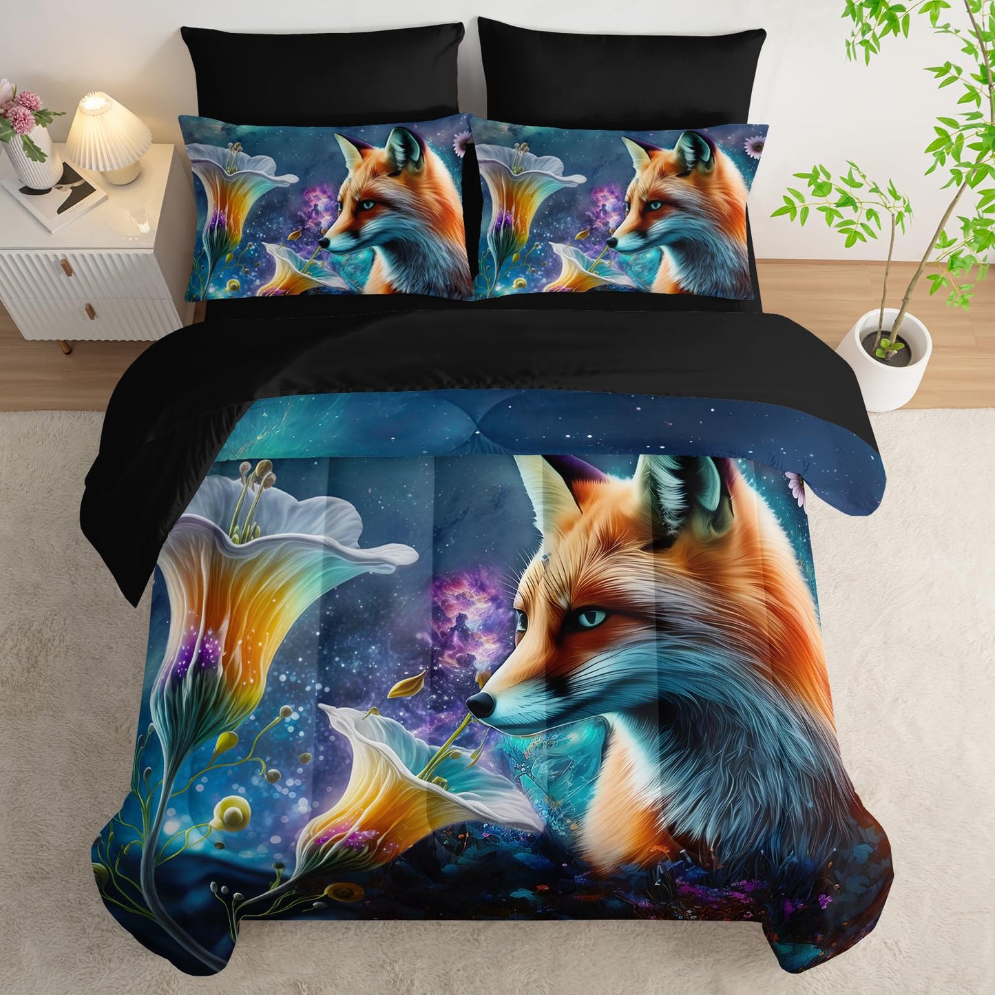 AILONEN Cute Fox Comforter Set Full 7-Piece Galaxy Flower Fox Bed in a Bag for Kids Boys,Soft Comforter & Fitted Sheet with Flat Sheet,2 Pillowcases,2 Pillow Shams