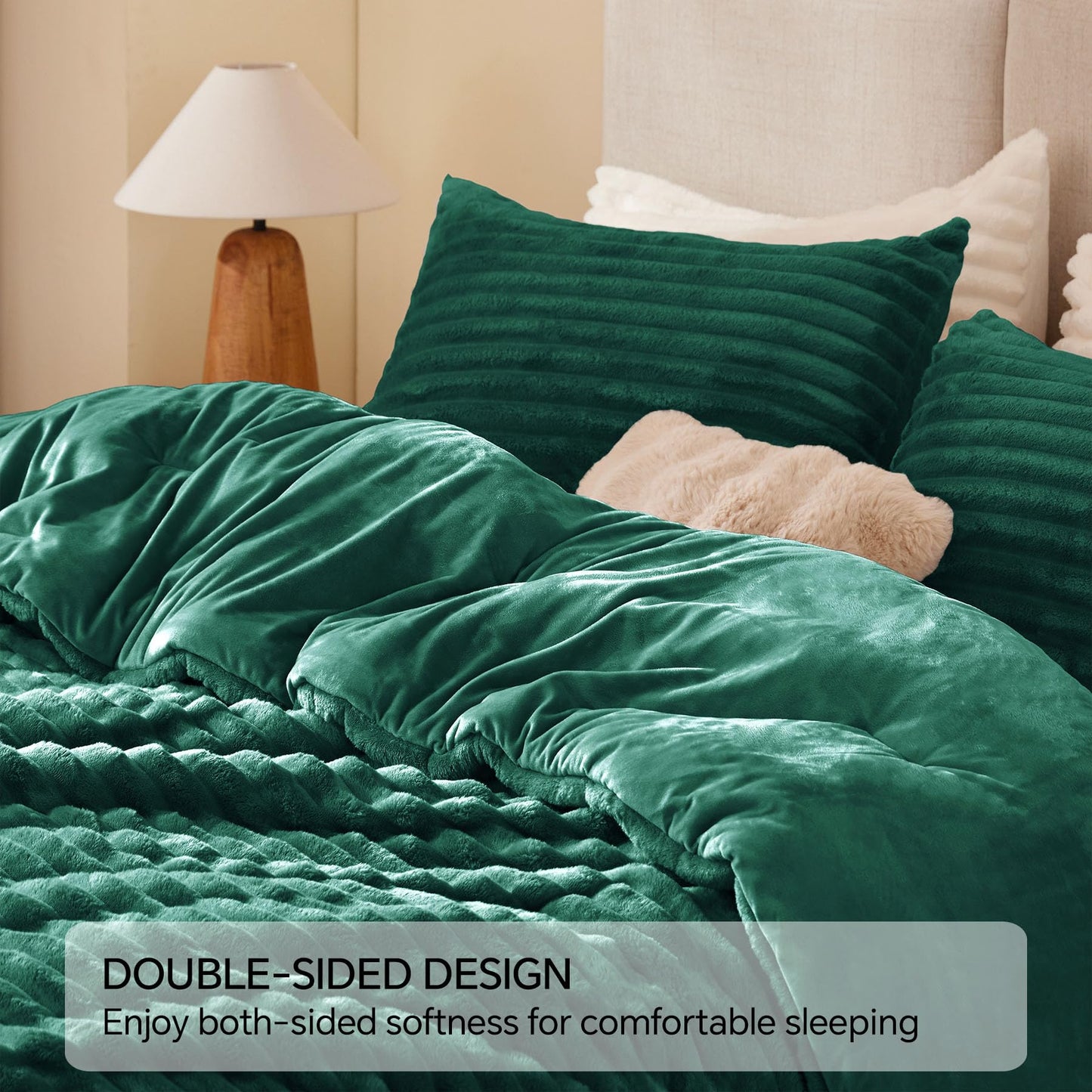 BEDELITE Fleece Queen Comforter Set -Super Soft & Warm Fluffy Dark Green Bedding, Luxury Fuzzy Heavy Bed Set for All Season with 2 Pillow Cases