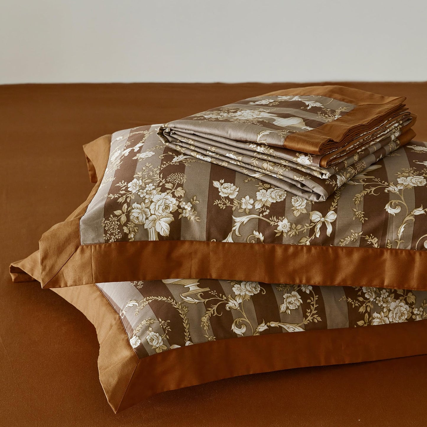 SUSYBAO Boho Flower Duvet Cover Queen 100% Cotton 3 Pcs Set 1 Vintage Brown Floral Duvet Cover with Zipper Ties 2 Pillow Shams Rustic Vase Botanical Chocolate Brown Hemmed Bedding Set Soft