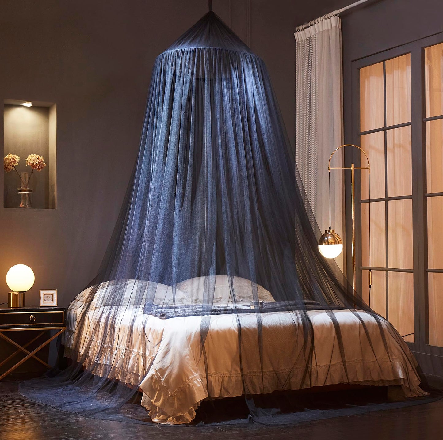 Mengersi Bed Canopy Mosquito Net for Bed, Canopy Bed Curtains, Dome Mosquito Netting Bed Tent, Indoor Outdoor, Black, Full Size