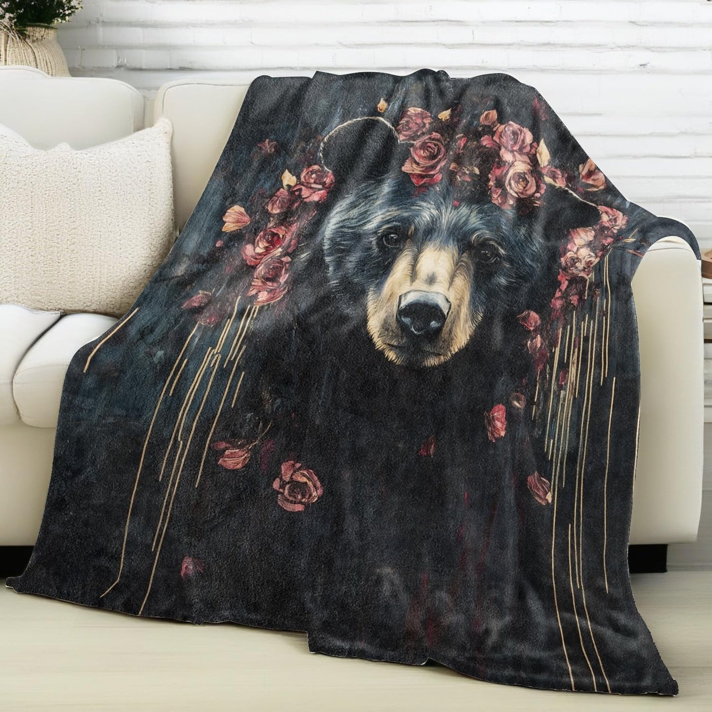 vnlvnl Black Bear and Rose Blanket Lightweight Flannel Blankets Gifts for Adults with Dramatic Floral Printed Throw for Couch Chair Office Bedroom Fall Winter Decor, 60x50inch