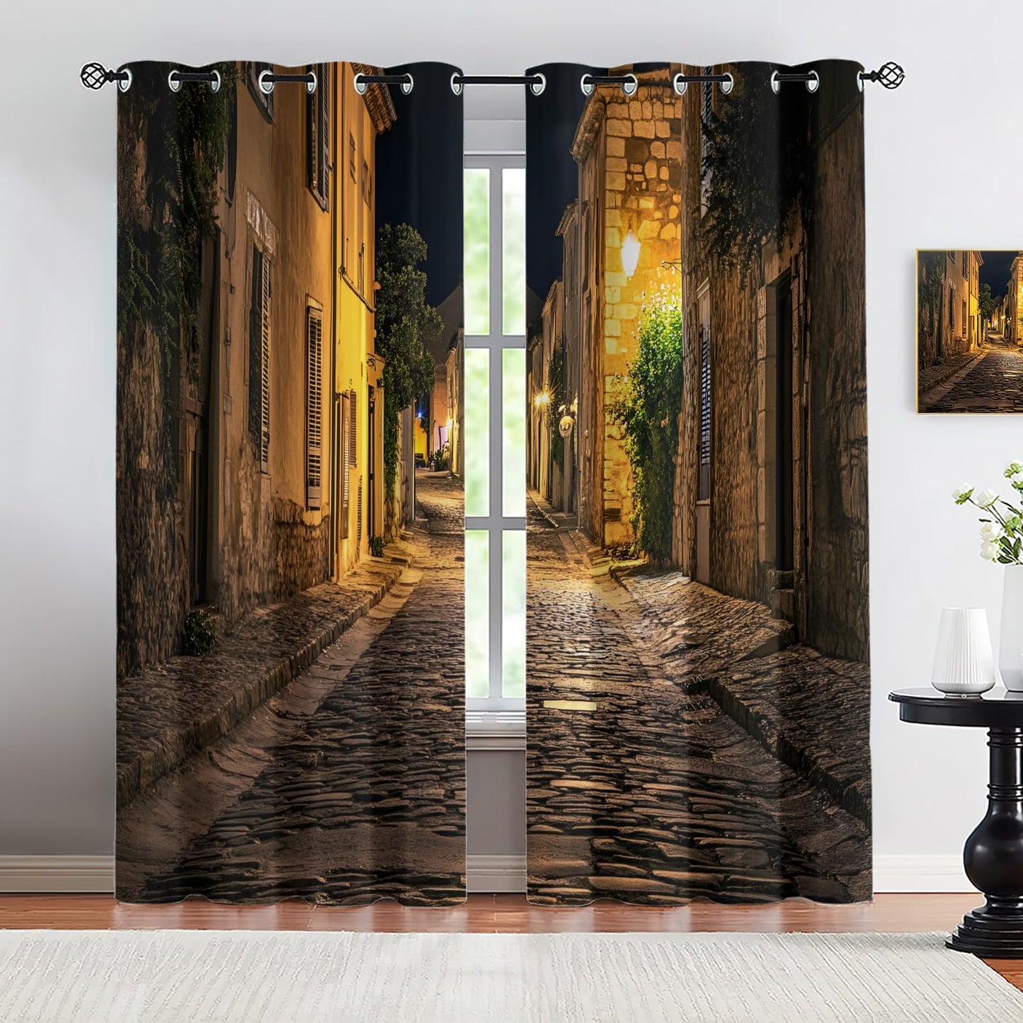 XAFIAUR European Town Curtains,Ancient Streets Blackout Curtains City Night View Grommet Drapes 2 Panels for Bedroom Living Room 31.5" W x 45" L x2