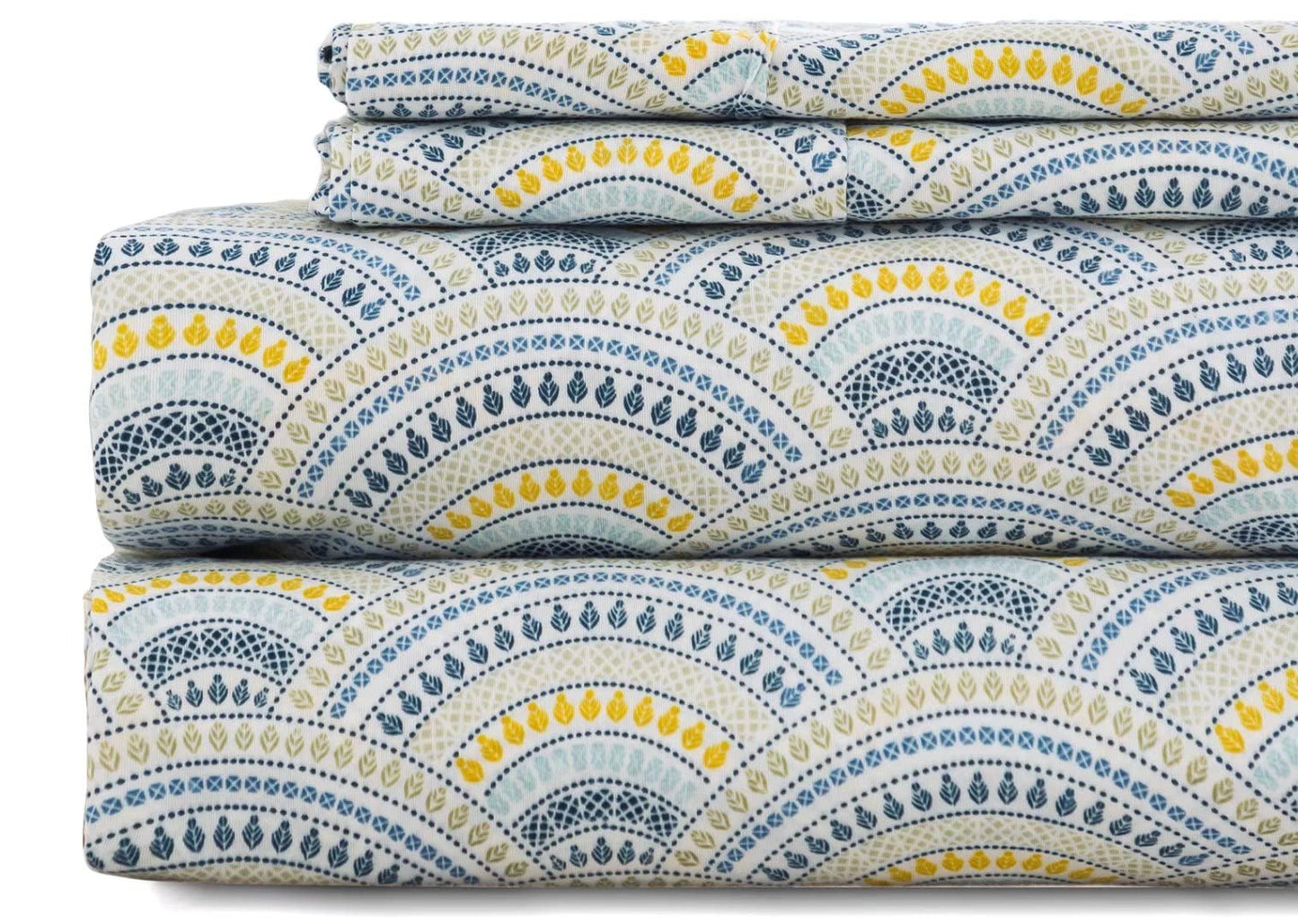 KACEMOO Queen Bed Sheet Set, 4PC Boho Sheets Queen Pattern Blue Floral Bed Sheet Cooling Soft 17”Deep Pocket Microfiber Brushed Sheet, Easy Care, Breathable, Wrinkle Free, Machine Washable Bed Set