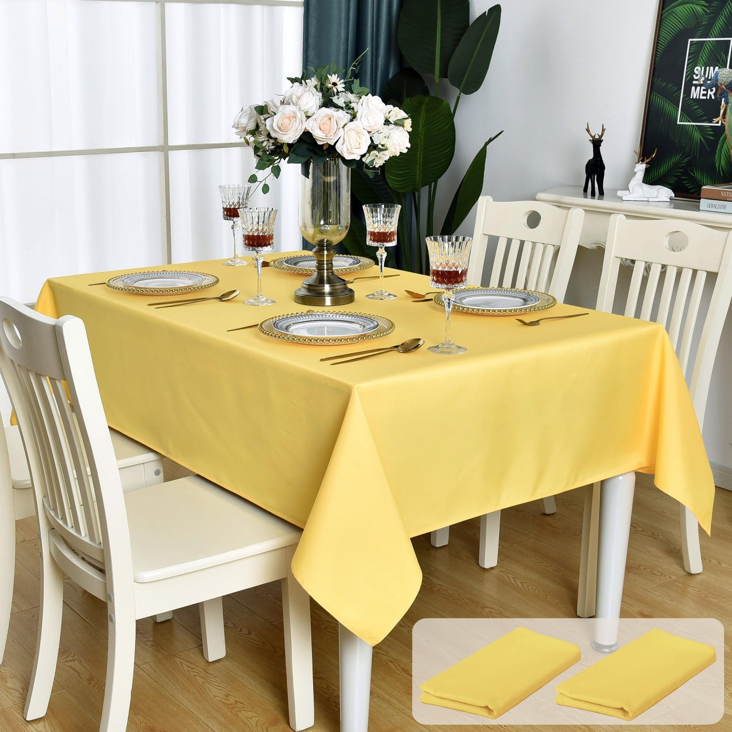 KAIPHO 2 Pack Yellow Rectangle Tablecloth Waterproof Stain Resistant Wrinkle Free Table Cloth 210GSM Polyester Wipeable Table Cover for Party, Banquet - Rectangular/Oblong, 60 x 84 inch (2 Pcs)