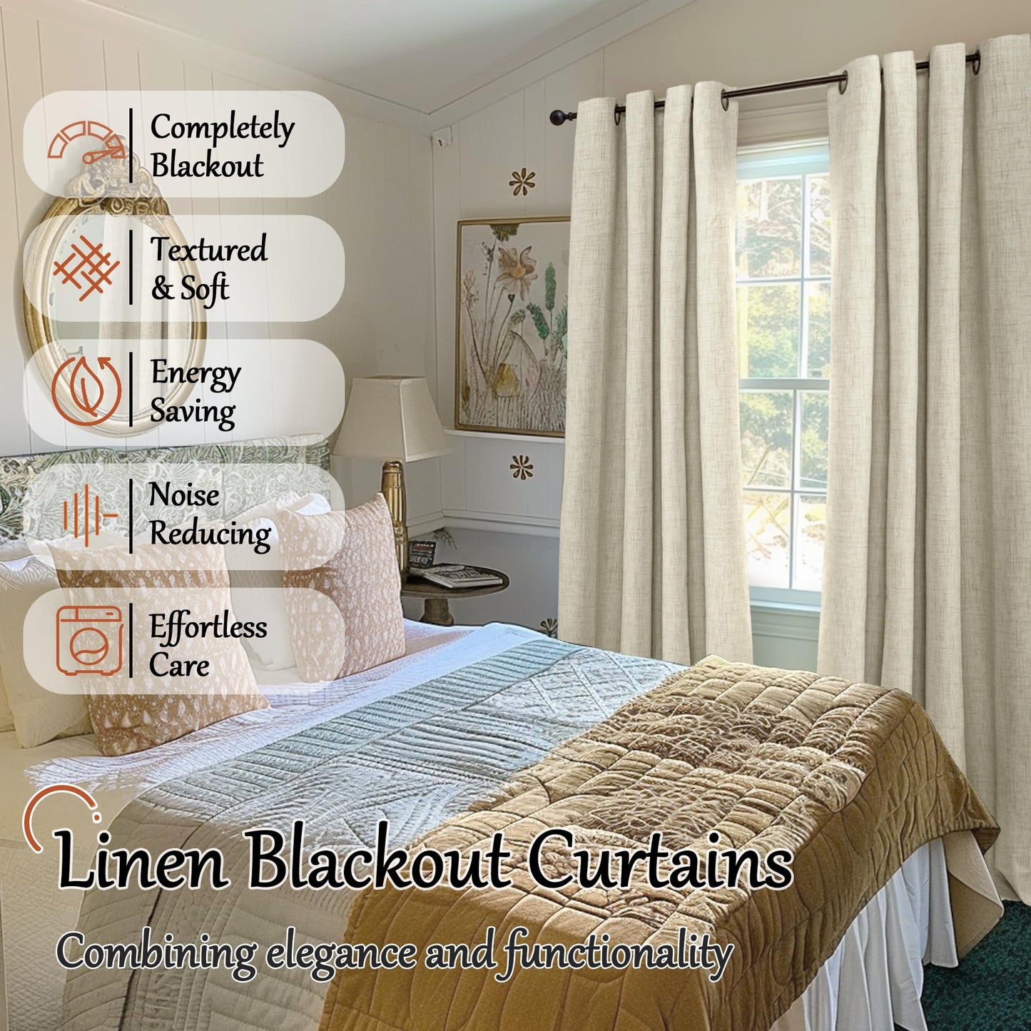 Lajode Blackout Curtains for Bedroom - Linen Black Out Curtains 84 Inch Long Thermal Insulated Burlap Grommet Window Drapes for Farmhouse Living Room Darkening, 2 Panels, Each 52" Wide, Natural Cream