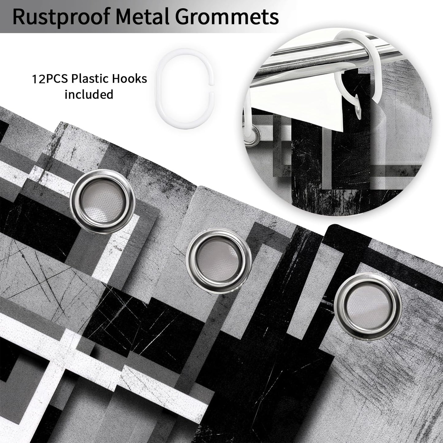 Bonriva Black White Grey Shower Curtain, Grunge Gray Abstract Geometric Square Modern Minimalist Shower Curtain for Bathroom, Mens Boys Bathroom Accessories Curtain, Fabric 72" x 72" with 12PCS Hooks