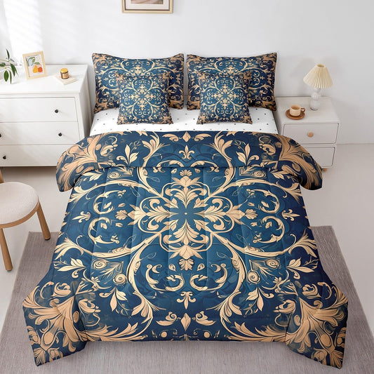 Erosebridal Damask Bedding Full Size 7Pcs Baroque Style Comforter Set,Romantic Retro Bed in A Bag Golden Floral Comforter Set with Sheets,Vintage Style Classical Bedding Accessories,Breathable