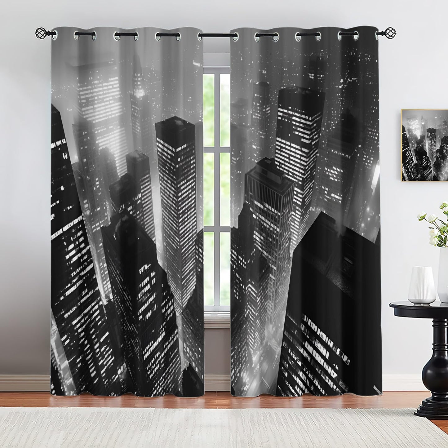 City Night View Blackout Curtains, Black and White Buildings Curtains for Living Room, City Aesthetics Black Out Bedroom Curtain Thermal Insulated Grommet Drapes 2 Panels, for Boys Room 26"W x 63"L x2