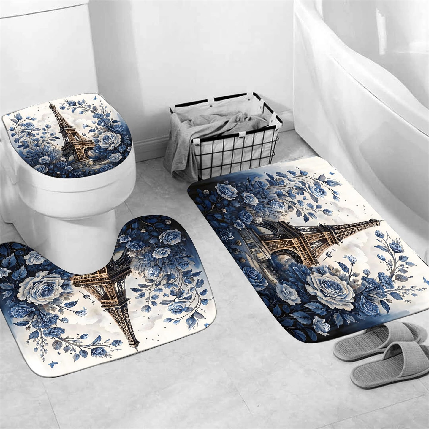 Chrainy 4Pcs Paris Eiffel Tower Shower Curtain Sets The Blue Rose Bathroom Set Decor with Non-Slip Rugs Bath U-Shaped Mat Toilet Lid Cover Waterproof Floal Bathroom Curtains Shower Set with 12 Hooks
