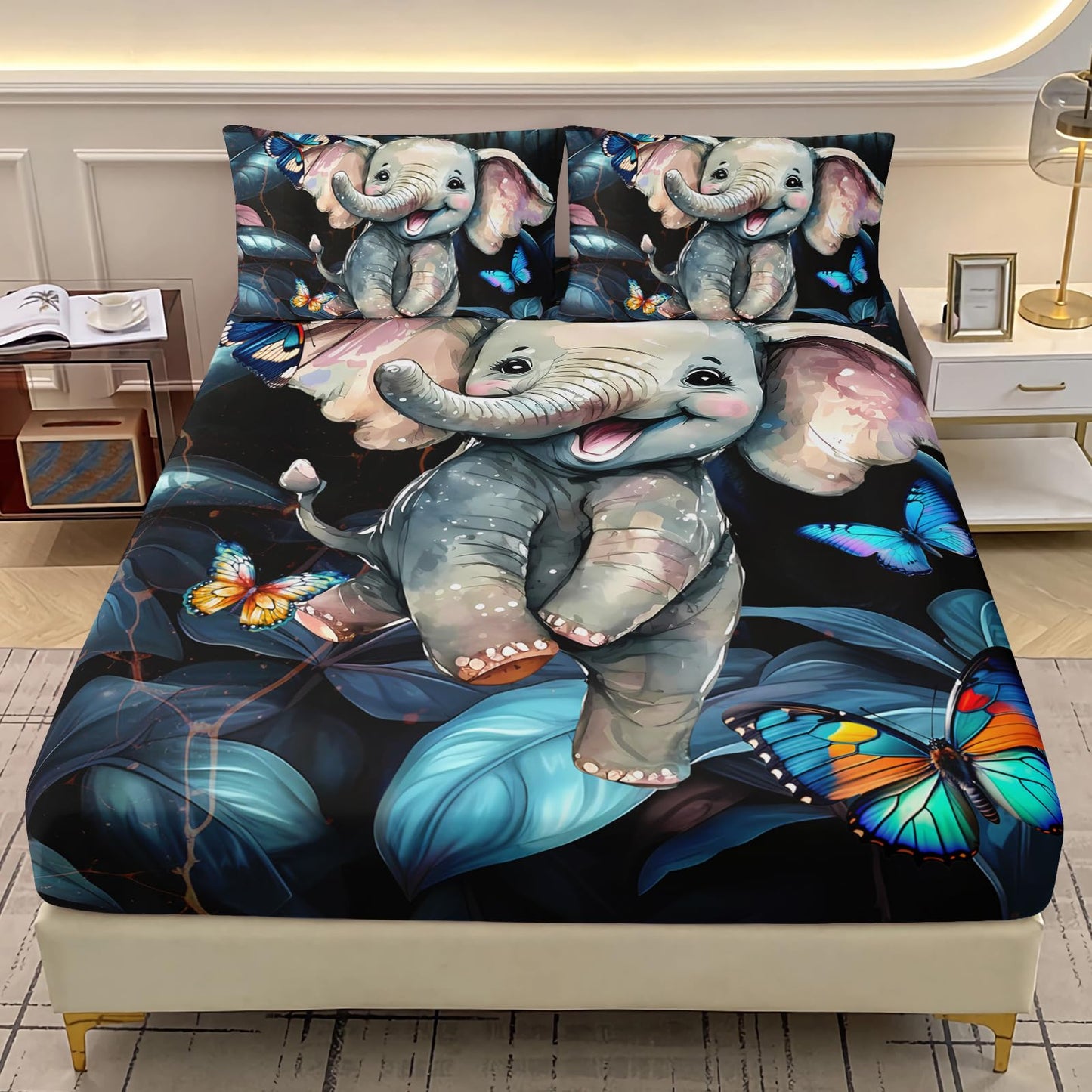 AILONEN Cartoon Elephant Fitted Sheet Twin XL Size, Cute Elephant Bedding Sets for Kids Boys Girls,Natural Plants and Colourful Butterflies Bed Sheet Set,1 Deep Pocket 2 Pillowcases,3 Pcs
