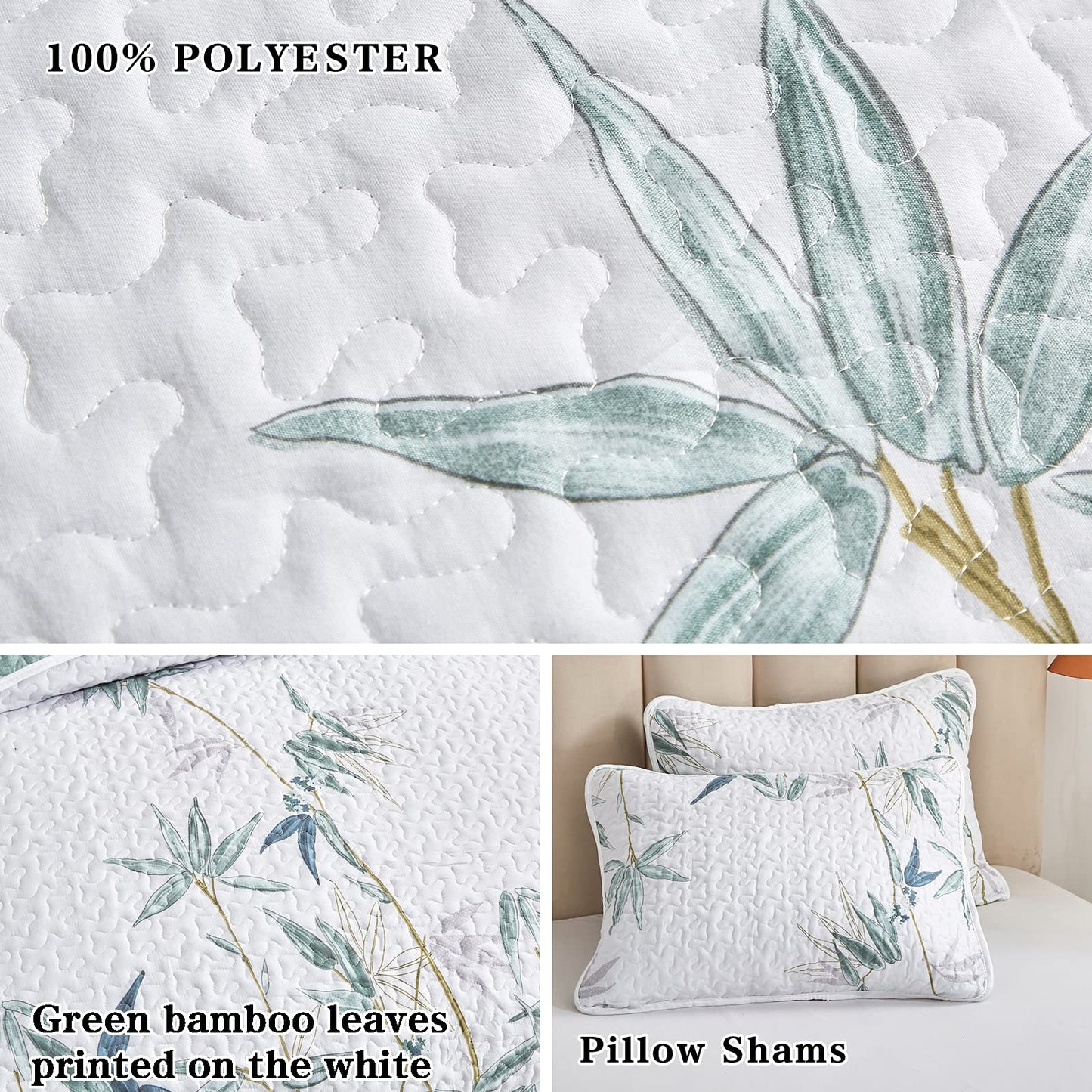 Botanical Quilt Set 3 Pieces King Size, Green Leaves Printed on White Reversible Bedspread Coverlet Set, Soft Microfiber Lightweight Bed Cover for All Season (102" x 90", 1 Quilt+ 2 Pillow Shams)