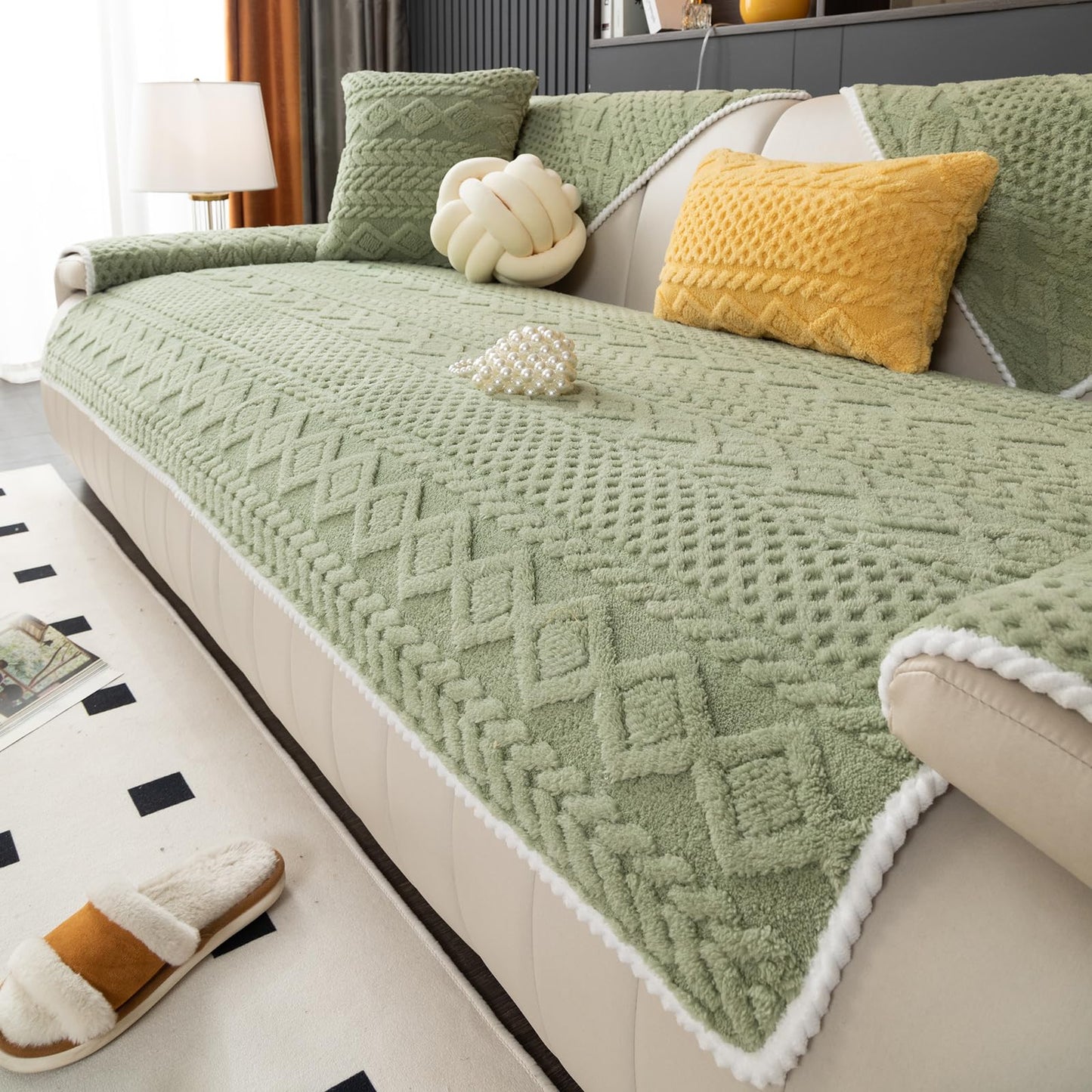 vctops Cable Jacquard Plush Sofa Couch Covers Boho Fuzzy Couch Cover for Dogs Soft Non Slip Sectional Sofa Slipcover Thick Warm Washable Furniture Protector for Kids, Pets (Sage Green,28"x28")