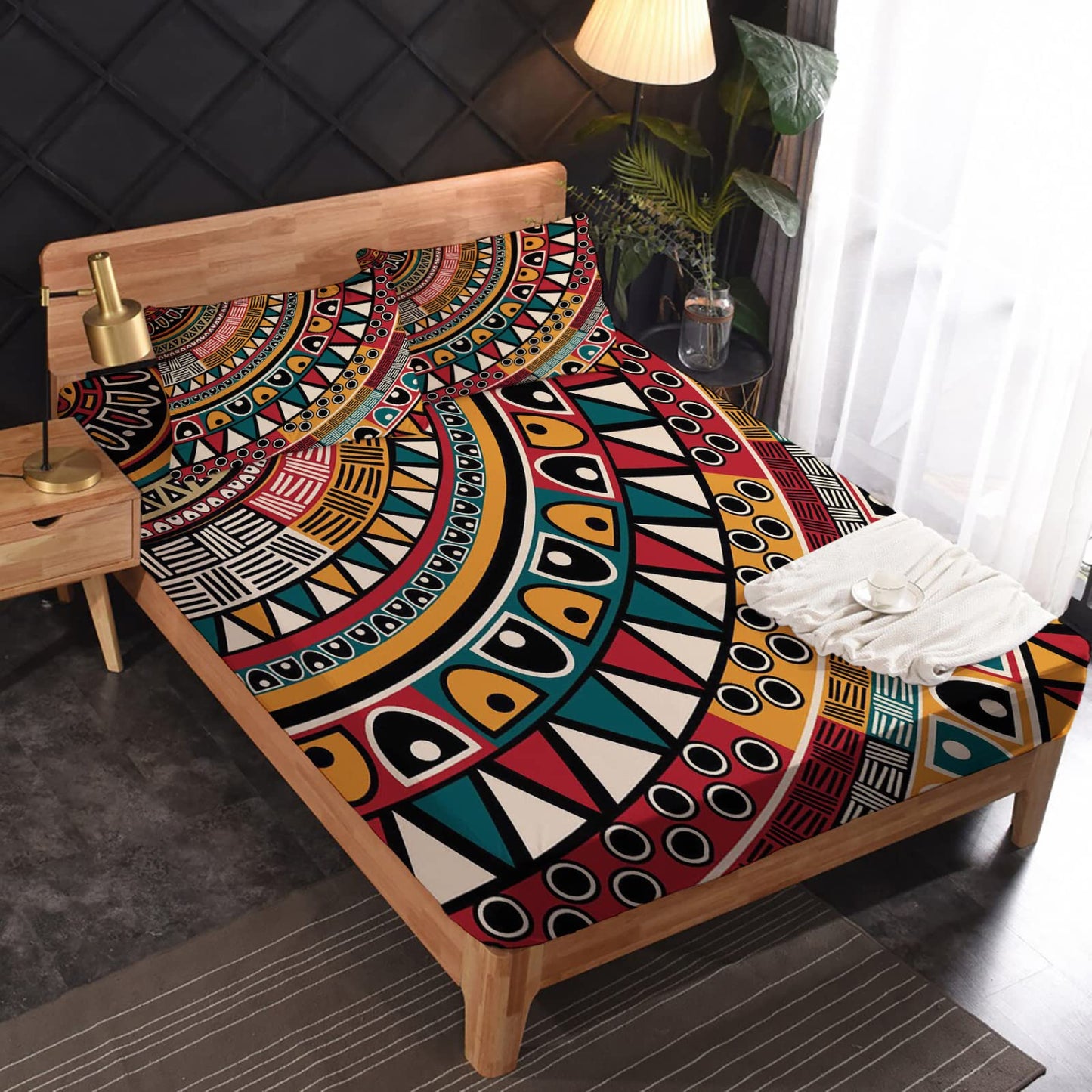 NOGAWA Tribe Sheets Queen Size, Bohemian Bed Sheets, Patterned Bedding Sheets & Pillowcases 4 Piece Set - Soft Microfiber Deep Pocket Fitted Sheet & Flat Sheet & 2 Pillow Cases