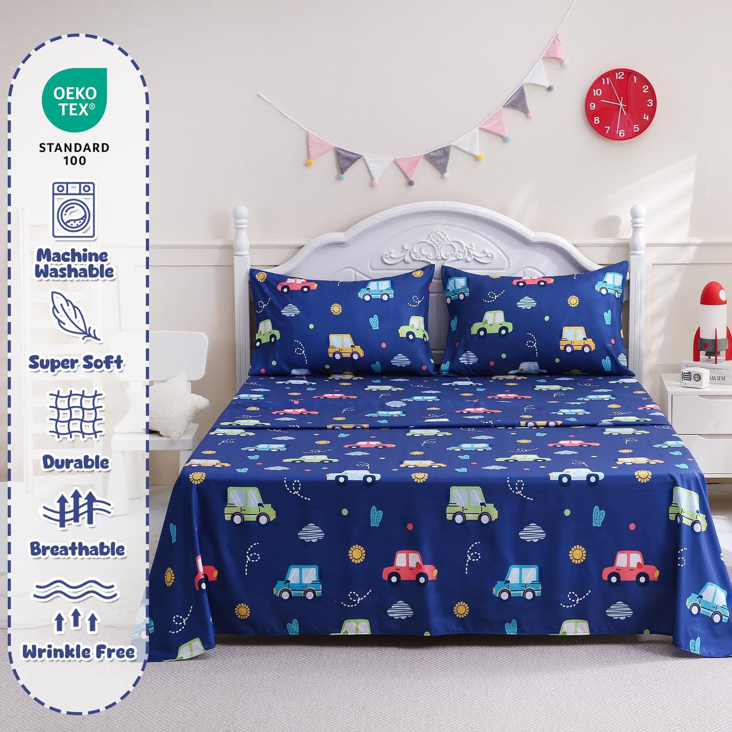 Ocharo Kids Sheet Set Full Size,Boys Sheet Set with Colorful Cars Pattern,Kids Cute Car Bed Sheet Navy Blue Soft Microfiber Deep Pocket Bedding Sheets and Pillowcases 4 Pieces.