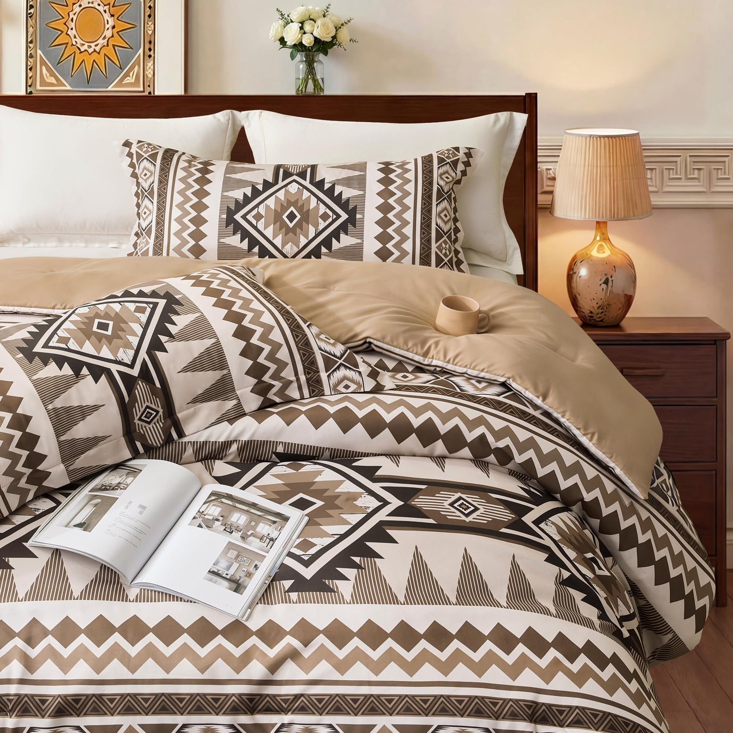 Tyrot Brown King Size Comforter Set – 3 Piece Boho Aztec Western Bedding Sets, Soft Lightweight Comforter for All Seasons, Southwestern Style, 1 Comforter & 2 Pillow Shams