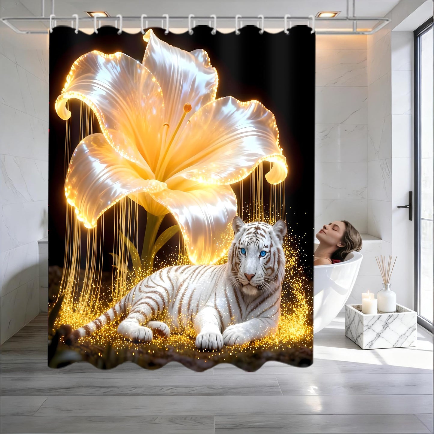 4 Piece Black and Gold Shower Curtain Set with Rugs, Majestic White Tiger & Glowing Golden Lily Floral Art, Luxury Waterproof Fabric Bathroom Decor, Non-Slip Bath Mats & Toilet Lid Cover