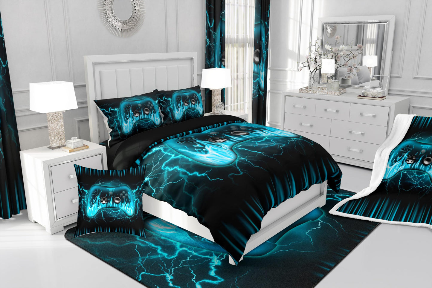 Feelyou Gamer Window Curtains for Living Room for Kids Boys,Gaming Curtains,3D Geometric Video Game Contoller Window Drapes,Lightnings Fire Gaming Blackout Curtains, 52W X 63L,2 Panels