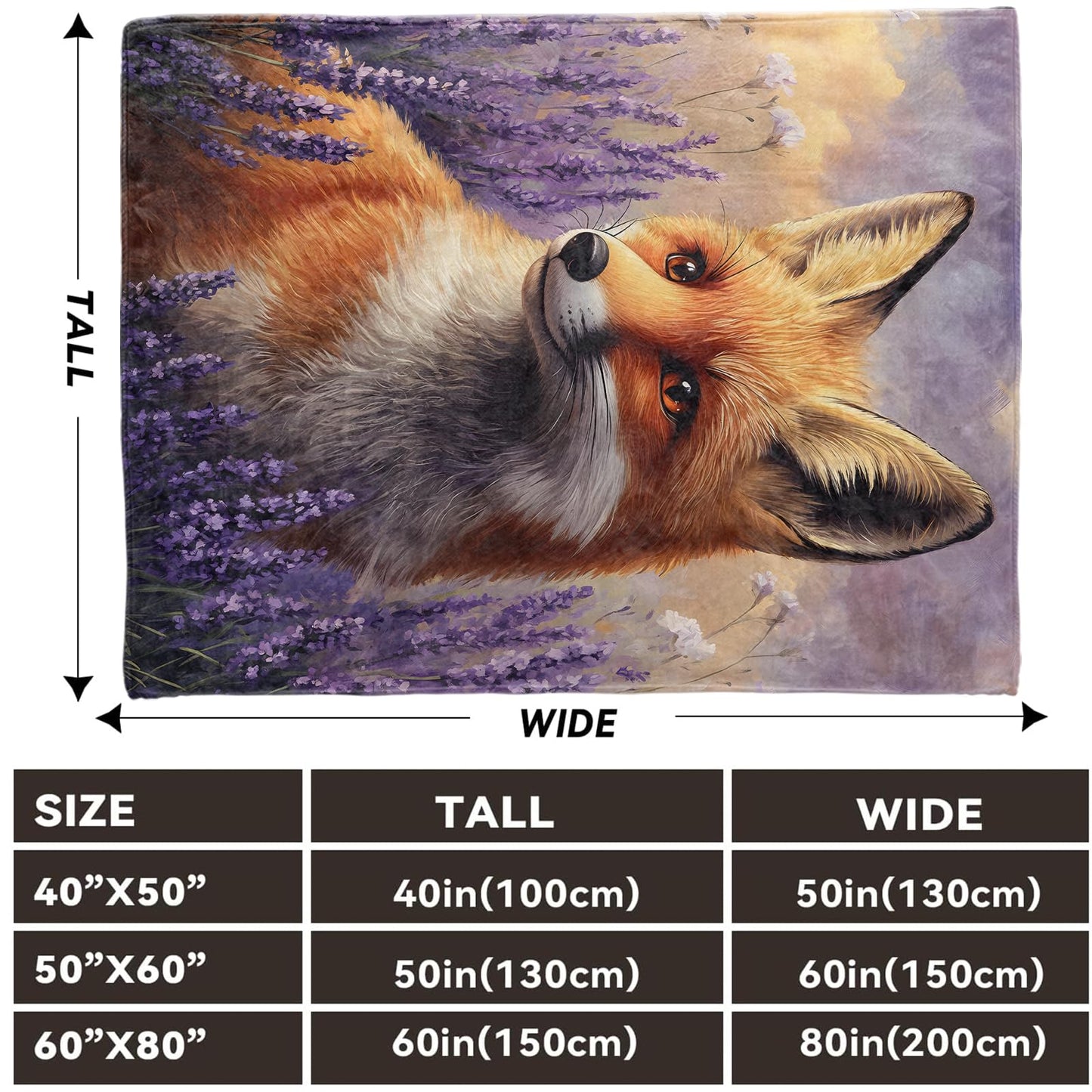 Lugiu Elegant Fox Blanket, Lightweight Comfy Lavender Field and Wildlife Throw for Couch Sofa Bedroom, Soft Cozy Travel Flannel Cute Romantic Blankets Gifts for Women Girls Kids, Home Decor 60×50in