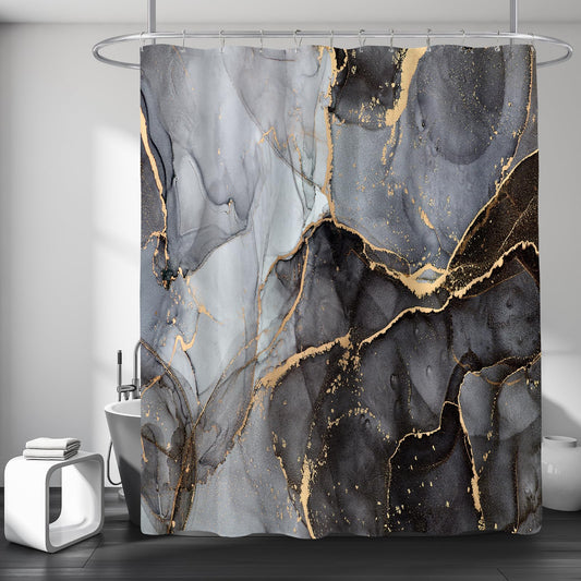 BayNook Black Grey Marble Shower Curtain, Modern Abstract Fabric Shower Curtains for Bathroom, Dark Luxury Art Decor Ink Texture Watercolor Shower Curtain Set with Hooks 72x72