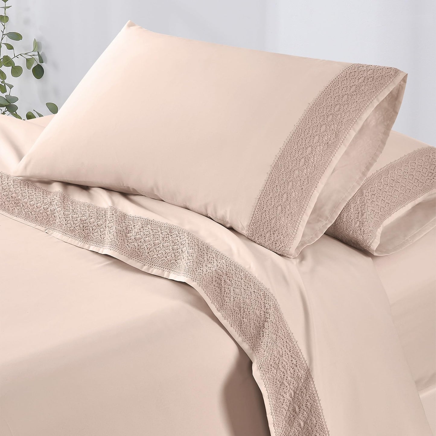 Modern Threads 4 Piece Microfiber Sheet Set – Soft Cooling Bed Sheets with Crochet Lace – Deep Pocket, Wrinkle Free, Breathable, Hotel Luxury Bedding, Blush Pink, Queen
