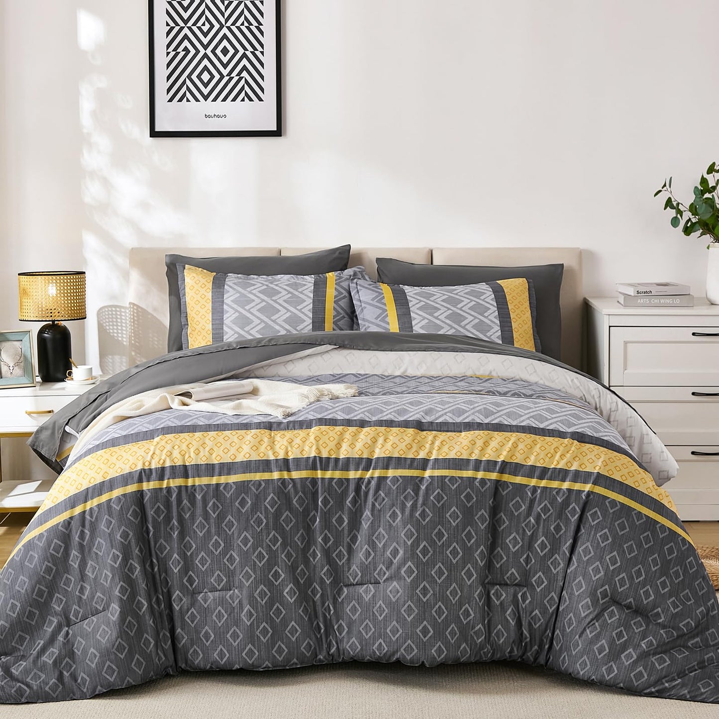 Cottolester Queen Comforter Set 7 Pieces,Yellow and Grey Boho Striped Bed in a Bag,Soft Microfiber Complete Bedding Sets