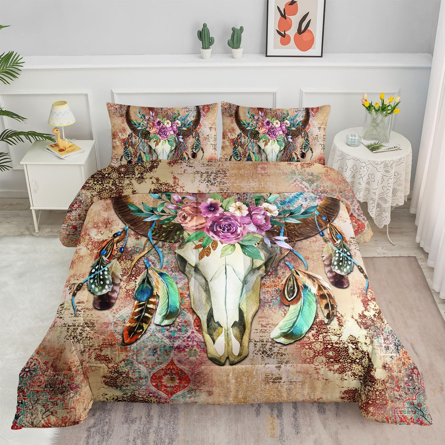 Smell Sunshine Kids Comforter Set Tribal Bull Head Printed Pattern Bedding Set with 1 Comforter and 2 Pillowcases for Girls Boys Bedroom All Season(Tribal Bull Head Twin)