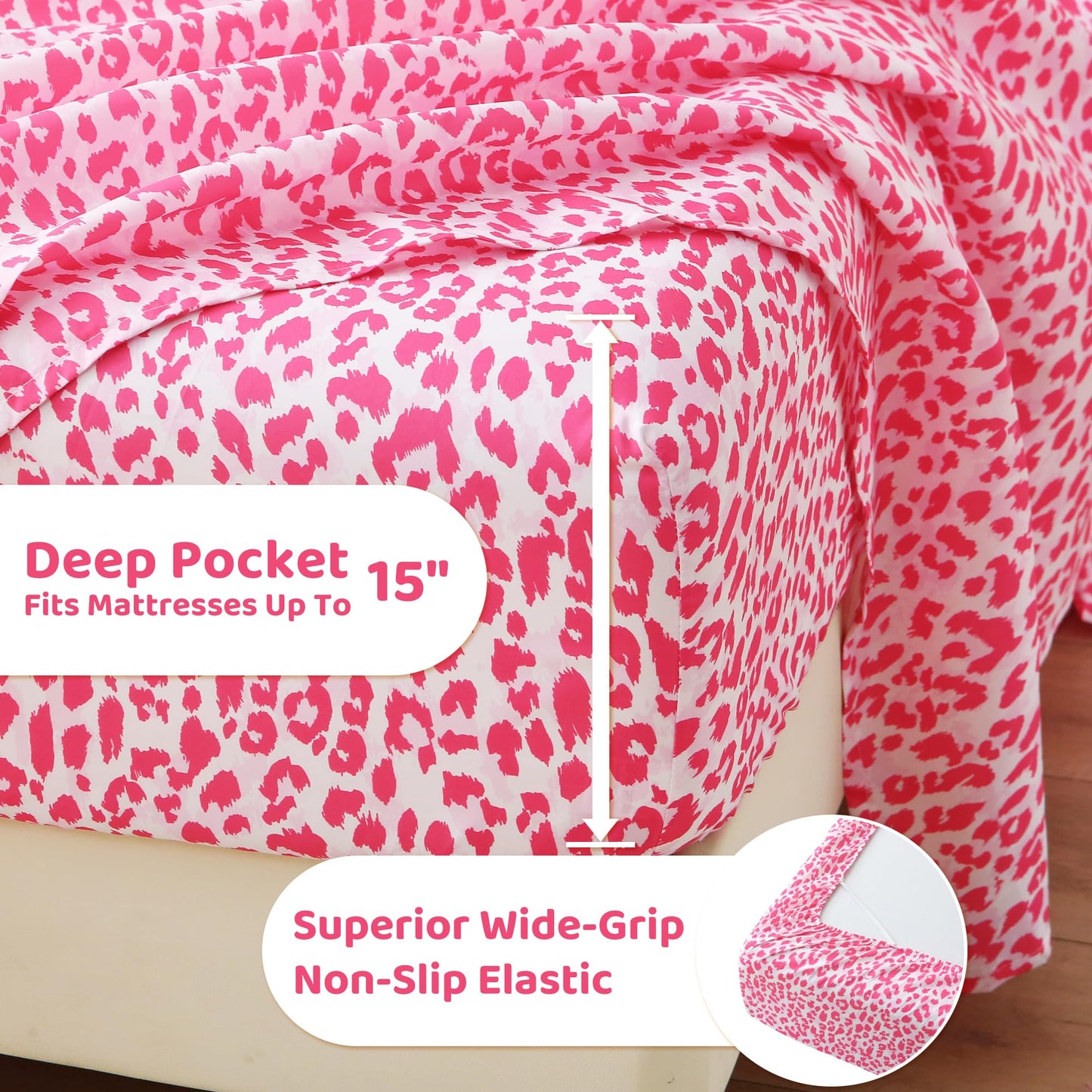 Mooreeke Leopard Cheetah Printed Twin Bed Sheets, Soft Microfiber Bedding Sheets & Pillowcases, Deep Pocket Non-Slip Fitted Twin Sheet, Pink Animal Pattern Bedsheets