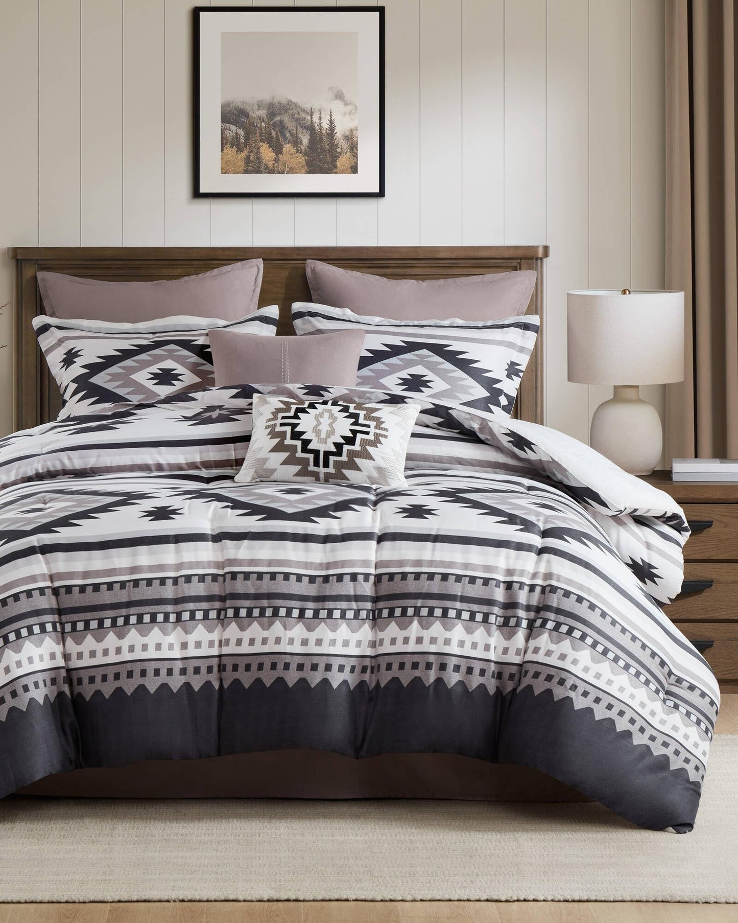 Woolrich Queen Comforter Set, Southwestern Aztec 8 Piece Bedding Set, Peached Herringbone Comforter, 300GSM All Season Down Alternative, Rustic Lodge Style Bedskirt, Euro Shams & Pillows, Taupe