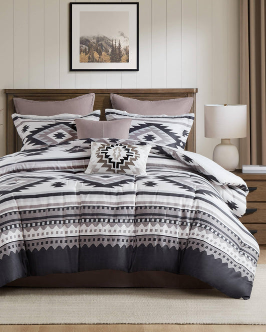 Woolrich Queen Comforter Set, Southwestern Aztec 8 Piece Bedding Set, Peached Herringbone Comforter, 300GSM All Season Down Alternative, Rustic Lodge Style Bedskirt, Euro Shams & Pillows, Taupe