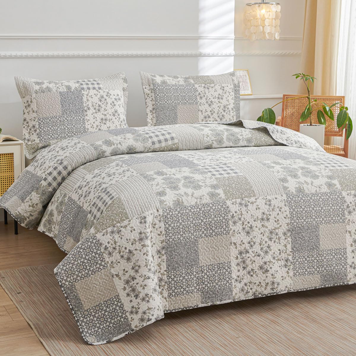 Green Essen Grey White Floral Plaid Quilt Twin Size Lightweight Patchwork Bedspread Soft Breathable Check Quilts Gingham Bedding Checker Pattern Coverlet Bed Cover Set Geometric Home Decor