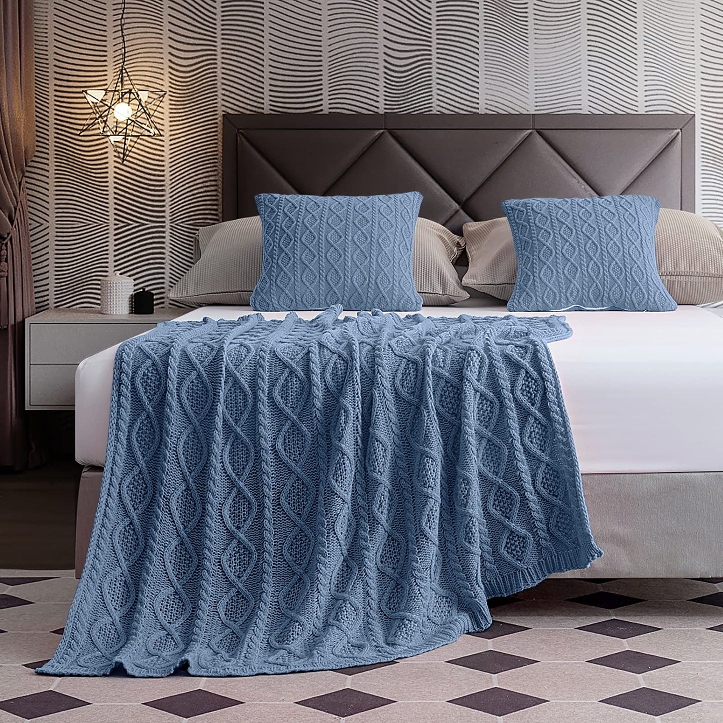 Homiest Dusty Blue Cable Knit Throw, 60 x 80 Inch, Lightweight Acrylic Knitted Blanket with Diamond Texture, Soft & Cozy for Couch, Bed, Sofa