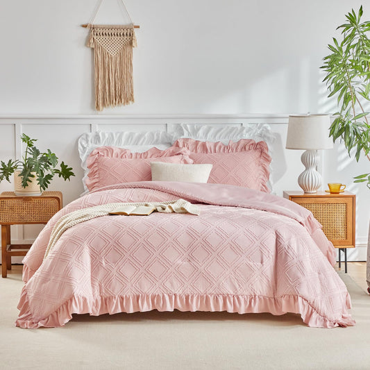 Tufted Grids Ruffle Comforter Set Full/Queen Size, 3 Pieces Blush Pink Vintage Farmhouse Shabby Chic Comforters, Jacquard Boho Bohemian Bedding Set for All Season (1 Ruffled Comforter+ 2 Pillow Shams)